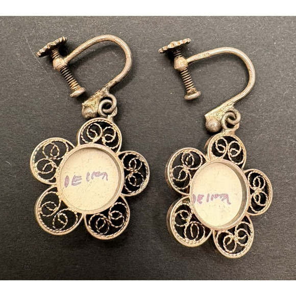 Vintage 835 Silver Delft Windmill Porcelain Dangle Screwback Earrings Signed - Picture 5 of 8